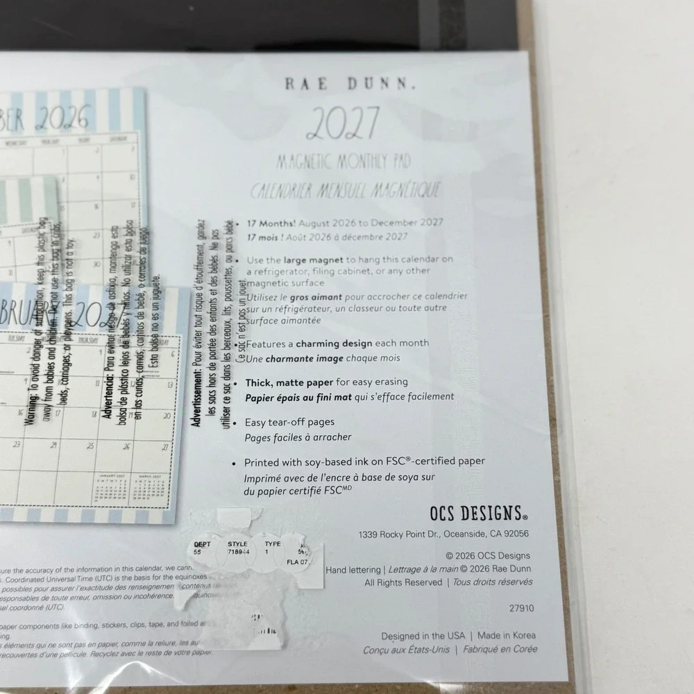 Rae Dunn 17-Month Magnetic Monthly Pad Calendar 2026-2027 Blue Striped Farmhouse